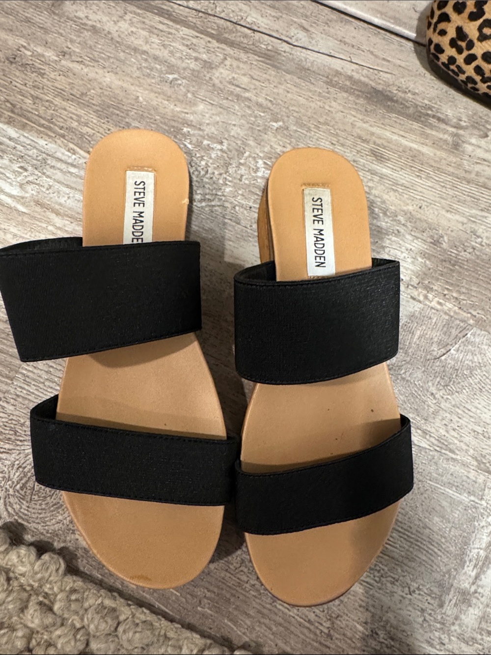 Steve Madden Black Double Strap Slide Sandals with Tan Footbed